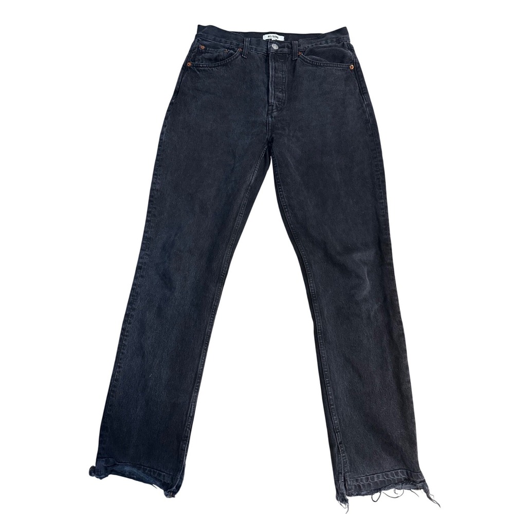 RE DONE Black Denim High Rise Straight Leg Raw Hem Jeans Size 27